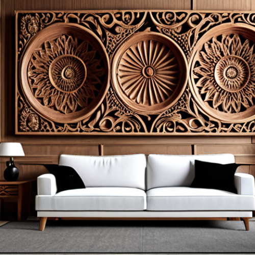 Home 4 **Intricate wood carving art on a living room wall, paired with minimalist furniture and neutral colors.** (Focus on the contrast between traditional and modern.)