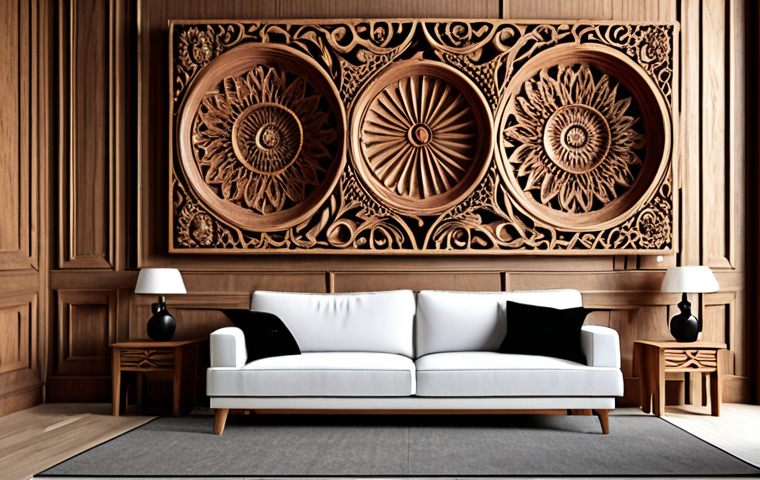 **Intricate wood carving art on a living room wall, paired with minimalist furniture and neutral colors.** (Focus on the contrast between traditional and modern.)